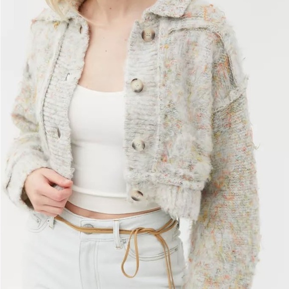 Kimchi Blue Sweaters - Ralph Lauren Tweed Button Front Cardigan in Gray Multi